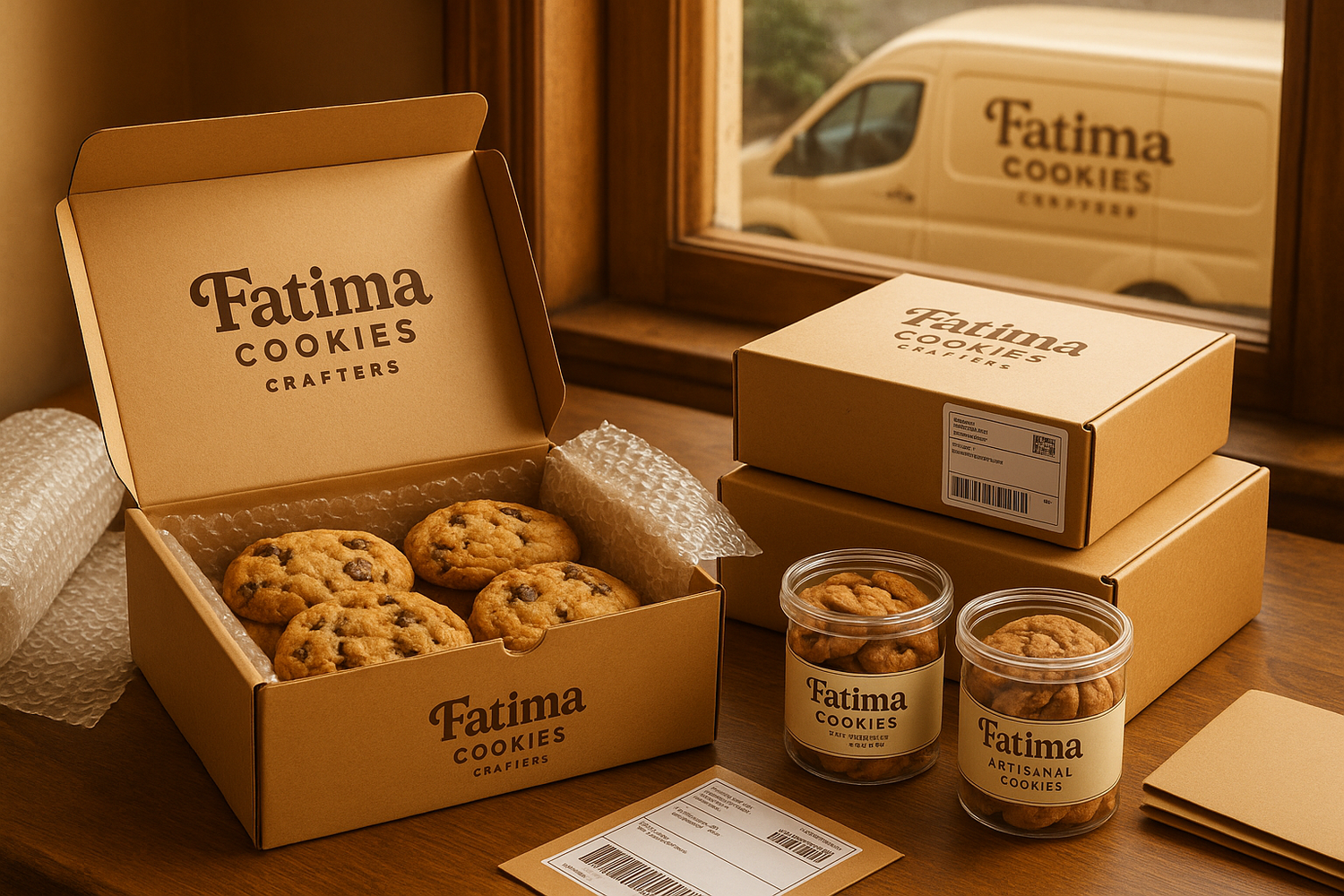 genra un imagen sobre el envio de galletas fatima cookies crafters