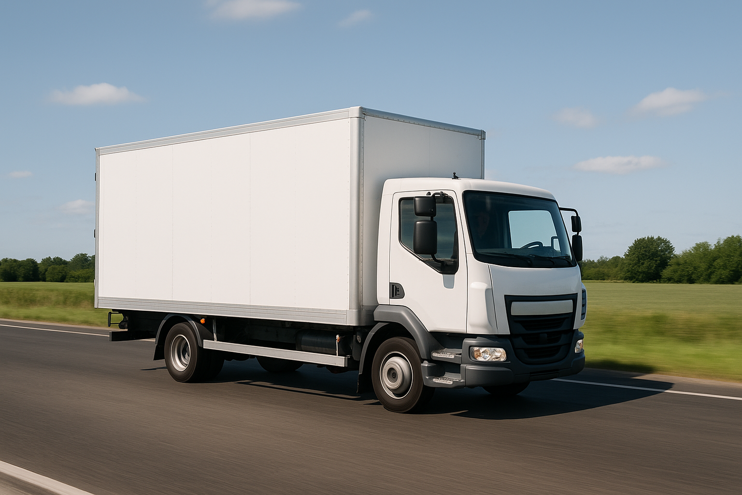 genera un aimagen de una transportadora andando por la via para sus entregas no quiero nombre pero quiero que tenga un diseno normal el camion  